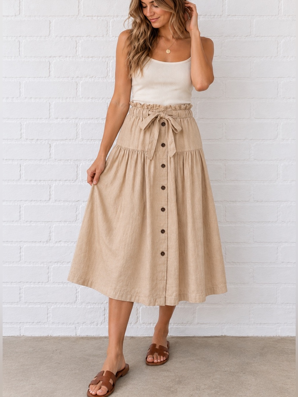 Tan Linen Blend Midi Skirt M Button Front Prairie Cottagecore Boho Granola